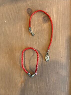 Red bracelet pair hamsa 🪬 and leather like braided fashion jewelry